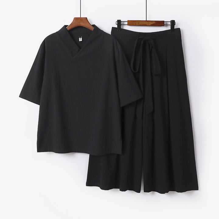 Damen Weites Kimono-Loungewear-Set mit V-Ausschnitt und Culotte-Hose Echoarchiv