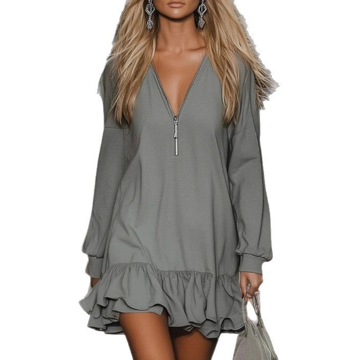 Damen V-Ausschnitt Kleid mit Reißverschluss, Longsleeves und doppeltem Volant-Saum – Élara
