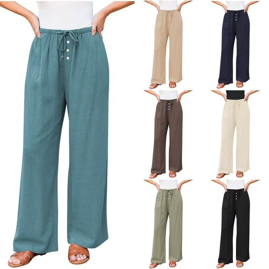 Damen weite Leinenhose mit elastischem Bund, Kordelzug und Knopfleiste Echo Archiv