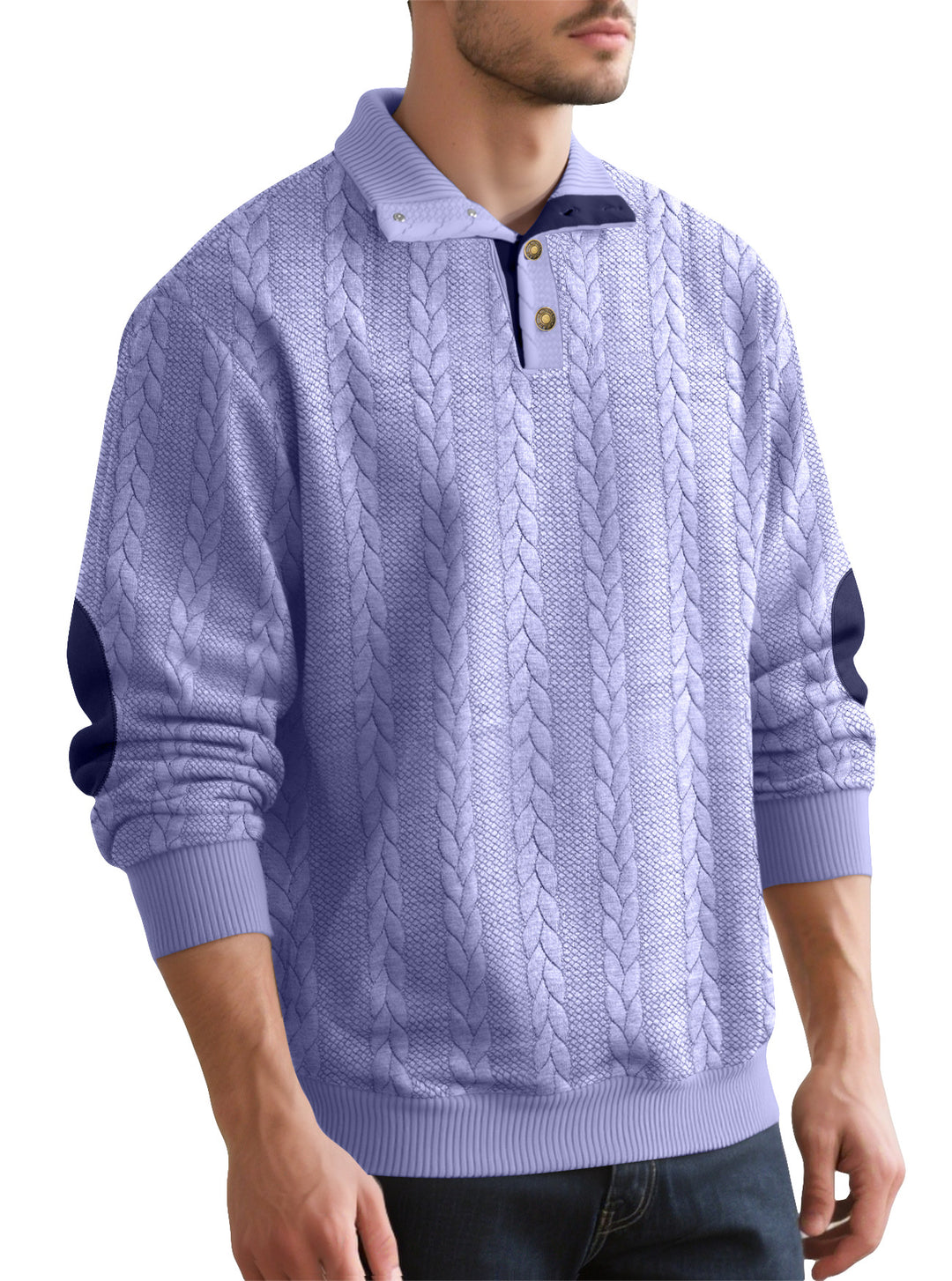 Herren nan Zopfmuster-Halbknopf-Pullover mit hohem Stehkragen und Wildleder-Ellbogenpatches Echo Archiv