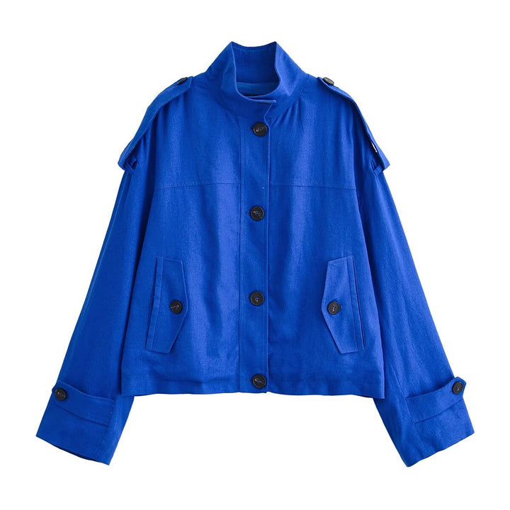 Damen Boxy-Cropped Jacke mit Stehkragen Schulterpatten und Pattentaschen Echo Archiv