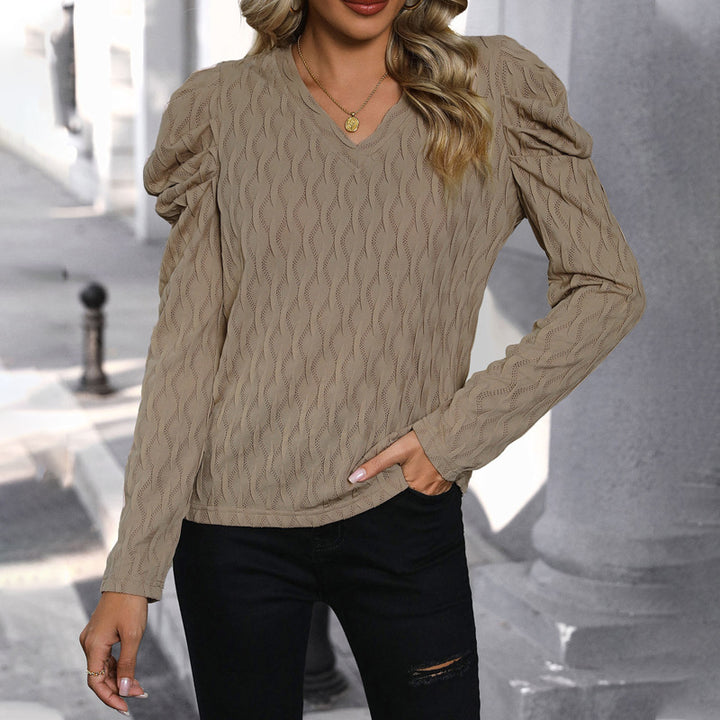 Damen Feinstrickpullover mit V-Ausschnitt und gerafften Ballonärmeln Echoarchiv