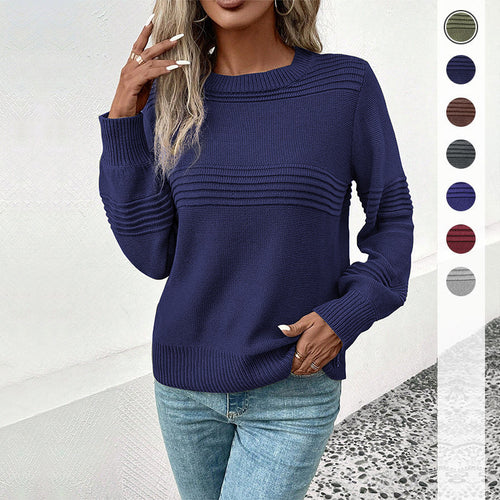 Damen Feinstrickpullover mit Strukturstreifen, Rundhalsausschnitt und gerippten Bündchen Echoarchiv