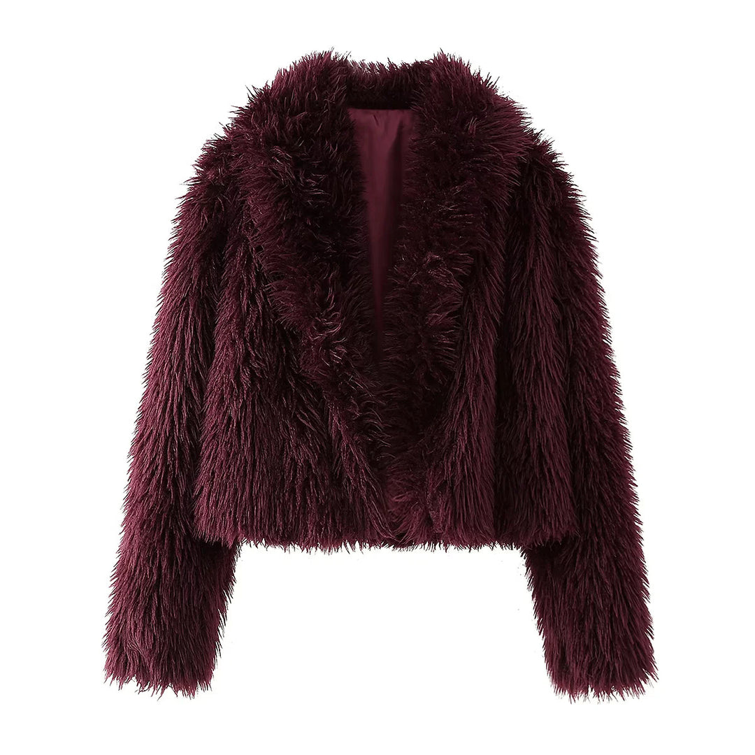 Damen kurz geschnittener Kunstfell-Blouson mit vollem Flor und Schalkragen – Célinea