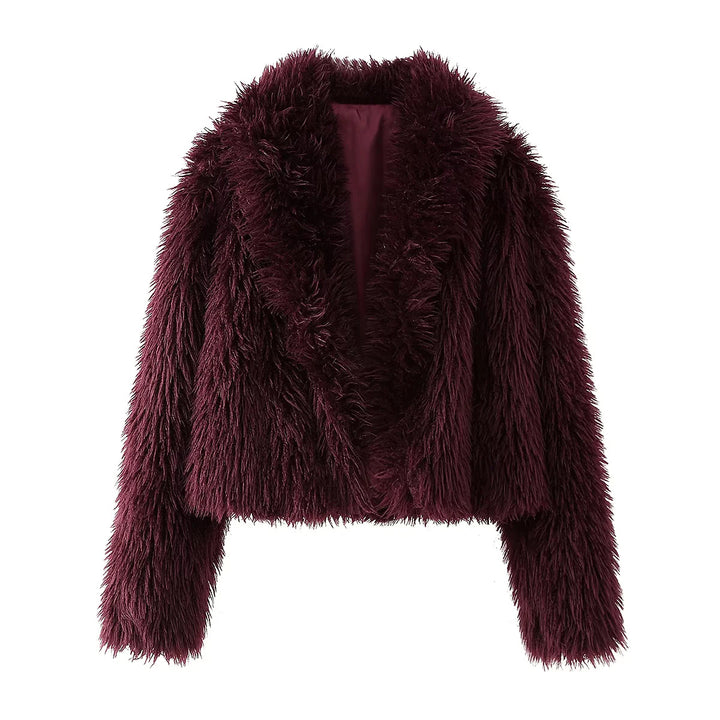 Damen kurz geschnittener Kunstfell-Blouson mit vollem Flor und Schalkragen – Célinea