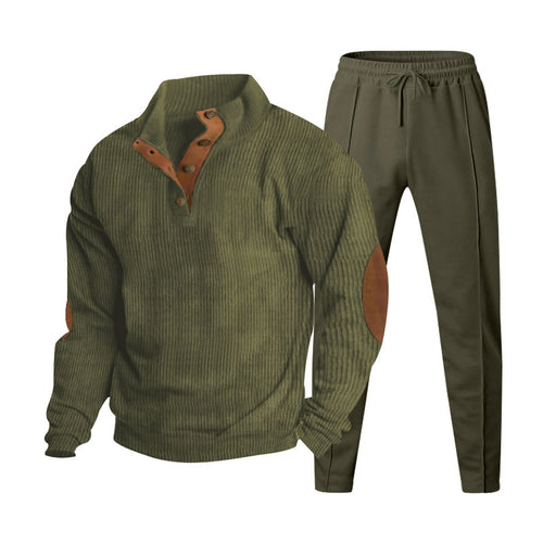Herren nan strukturiertes Strick-Loungewear-Set mit halber Knopfleiste, kontrastreichen Ellbogenpatches und elastischem Tunnelzug-Jogger Echo Archiv
