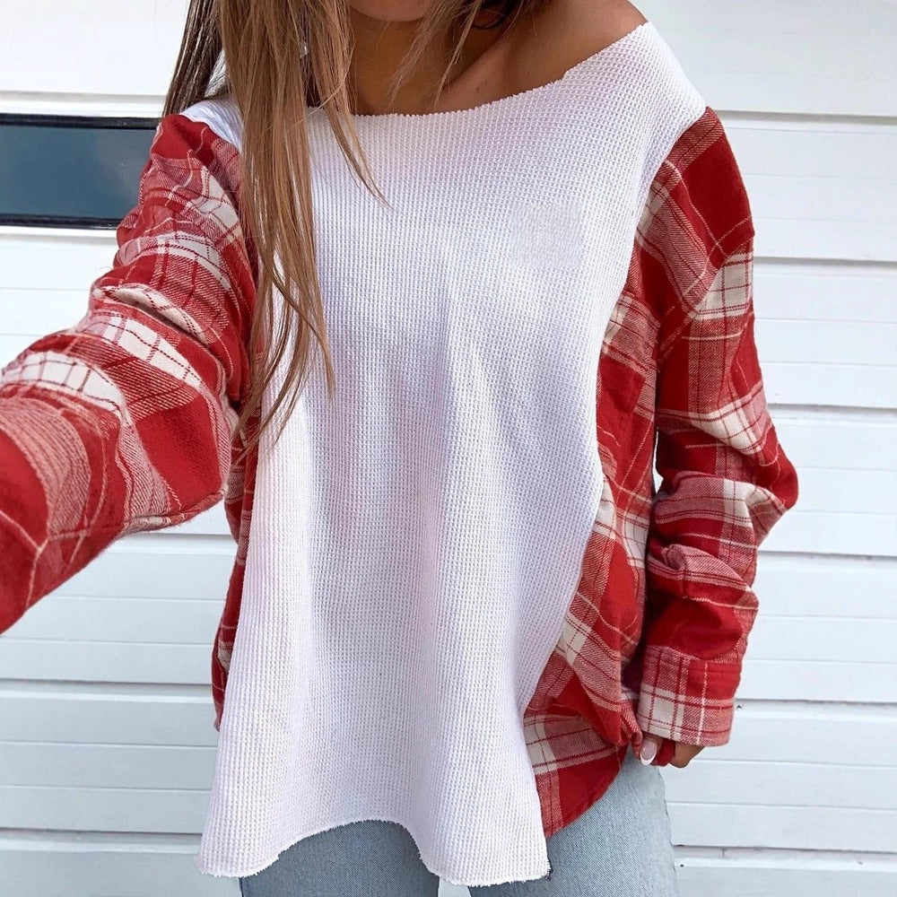Damen nan Oversize Langarmshirt im Materialmix mit strukturierter Waffelstrick-Front und karierter Ärmelpartie Echo Archiv