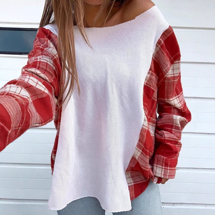 Damen nan Oversize Langarmshirt im Materialmix mit strukturierter Waffelstrick-Front und karierter Ärmelpartie Echo Archiv