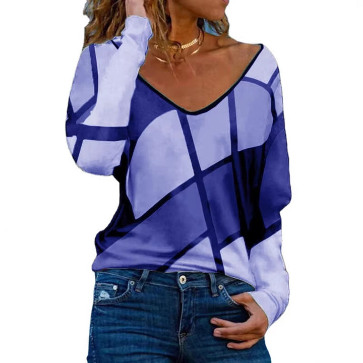 Damen Loose V-Ausschnitt Langarmshirt mit geometrischem Blockdruck und Oversized Passform – Avérine