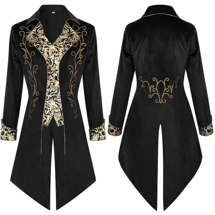 Herren extravagante Abendgehrock im Barockstil mit goldbestickter Brokatblende – Montaro