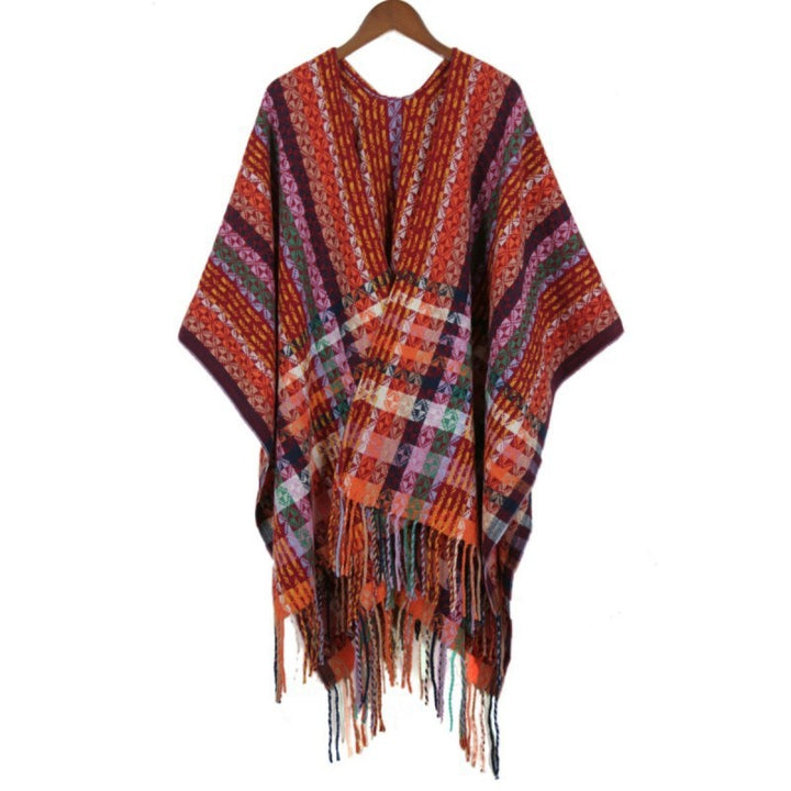 Damen Mehrfarbiger Web‑Poncho im Boho‑Patchwork‑Design mit Fransen Echo Archiv