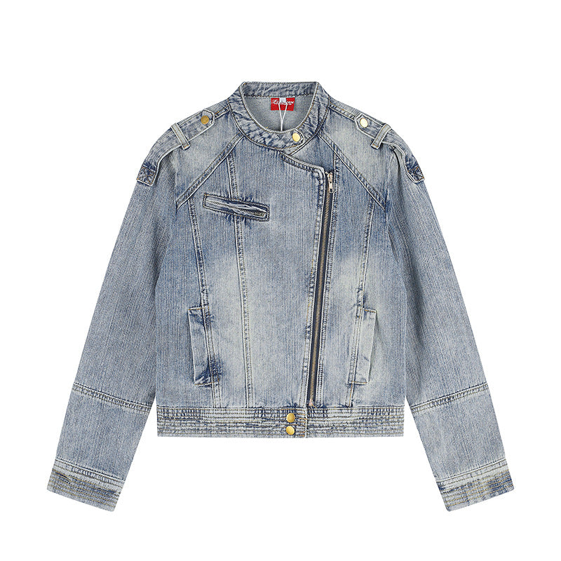 Damen asymmetrische Jeansjacke im Bikerstil mit Stehkragen und diagonalem Reißverschluss Echoarchiv