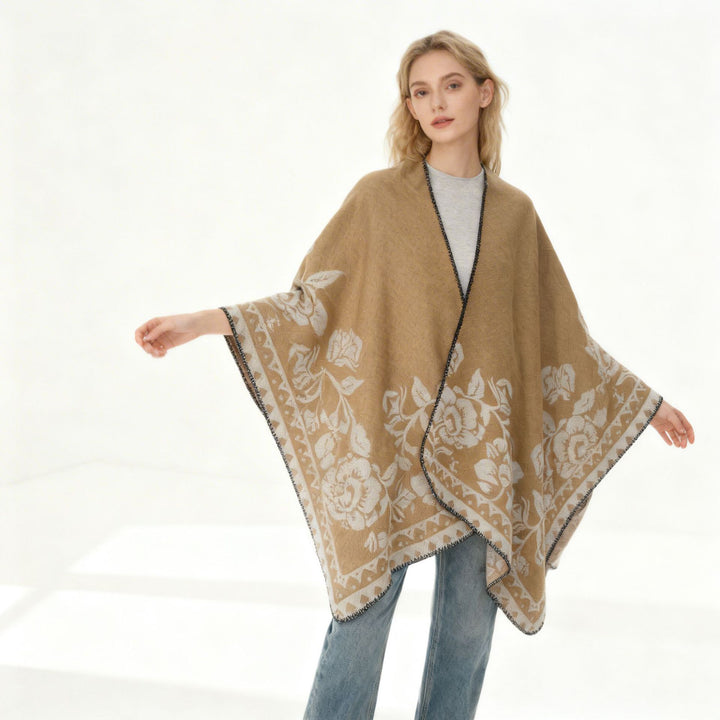 Damen Weicher Oversize-Capeponcho im Blumen-Jacquard mit kontrastierter Kettelkante Echo Archiv
