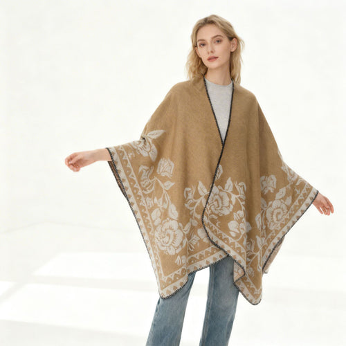 Damen Weicher Oversize-Capeponcho im Blumen-Jacquard mit kontrastierter Kettelkante Echo Archiv