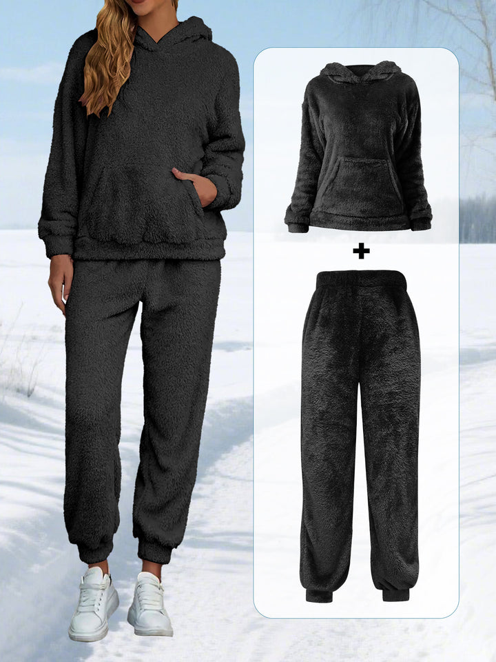 Damen Kuscheliges Teddy-Fleece Lounge-Set mit Kapuze und Kängurutasche – Auréline