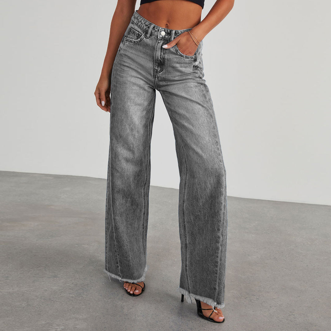 Damen nan hochgeschnittene Wide-Leg-Jeans mit rohem Fransensaum und geradem Bein Echo Archiv