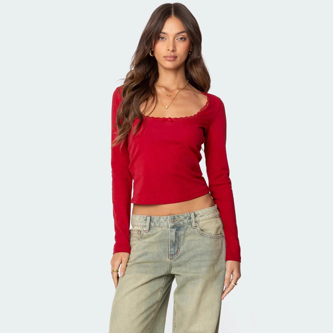 Damen Langarmshirt mit quadratischem Ausschnitt und Spitzenakzenten Echo Archiv