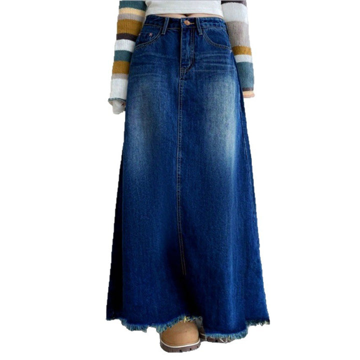 Damen Langer Vintage-Jeansrock im A-Linien-Schnitt mit taillenhohem Bund und ausgefranstem Saum Echo Archiv