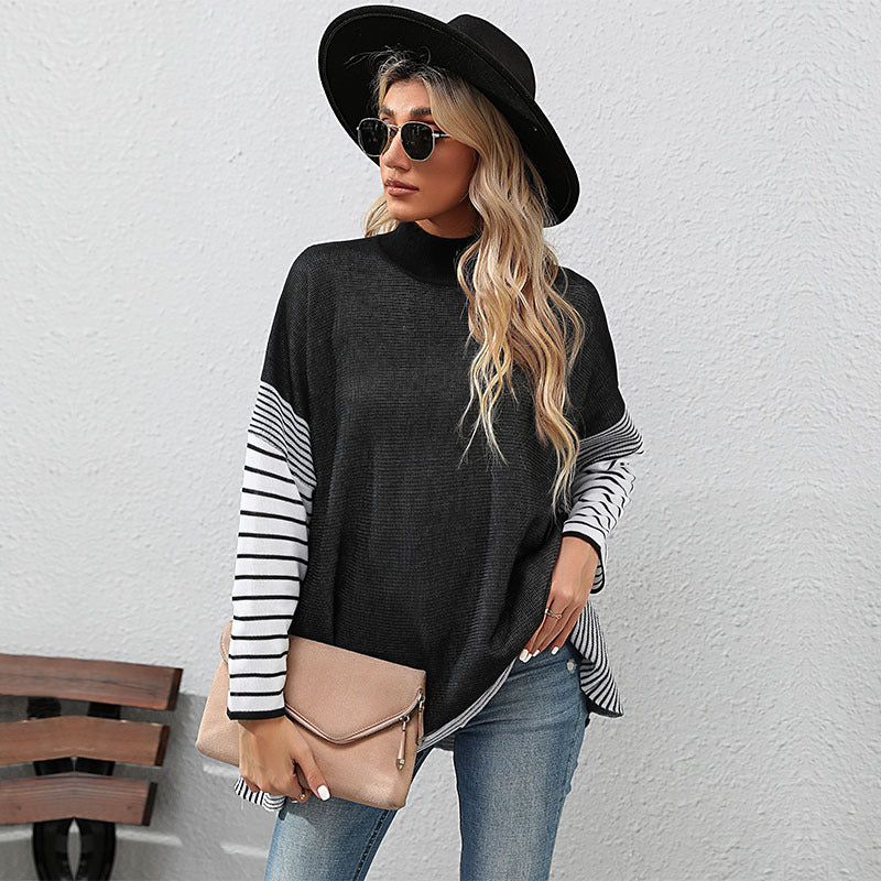 Damen Oversize Strickpullover mit Stehkragen und gestreiften Raglanärmeln Echoarchiv