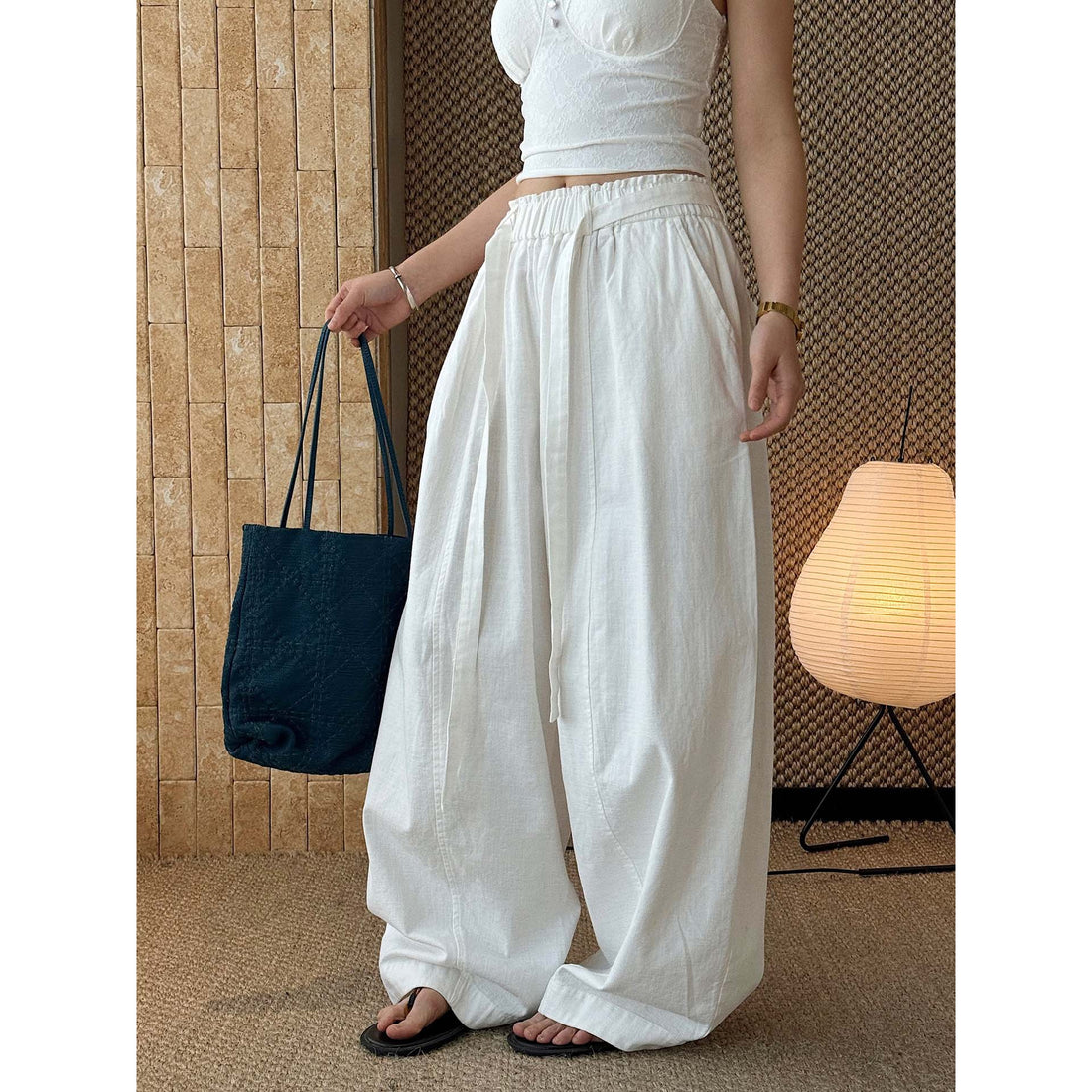 Damen Weite High‑Waist Leinen‑Optik Culotte‑Hose mit Tunnelzug und fließender Silhouette Echoarchiv