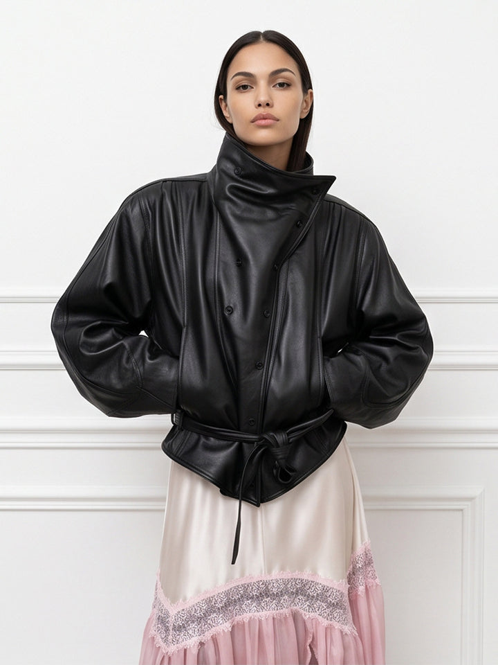 Damen Oversize-Kunstleder-Bomberjacke mit hohem Stehkragen und Taillengürtel Echoarchiv