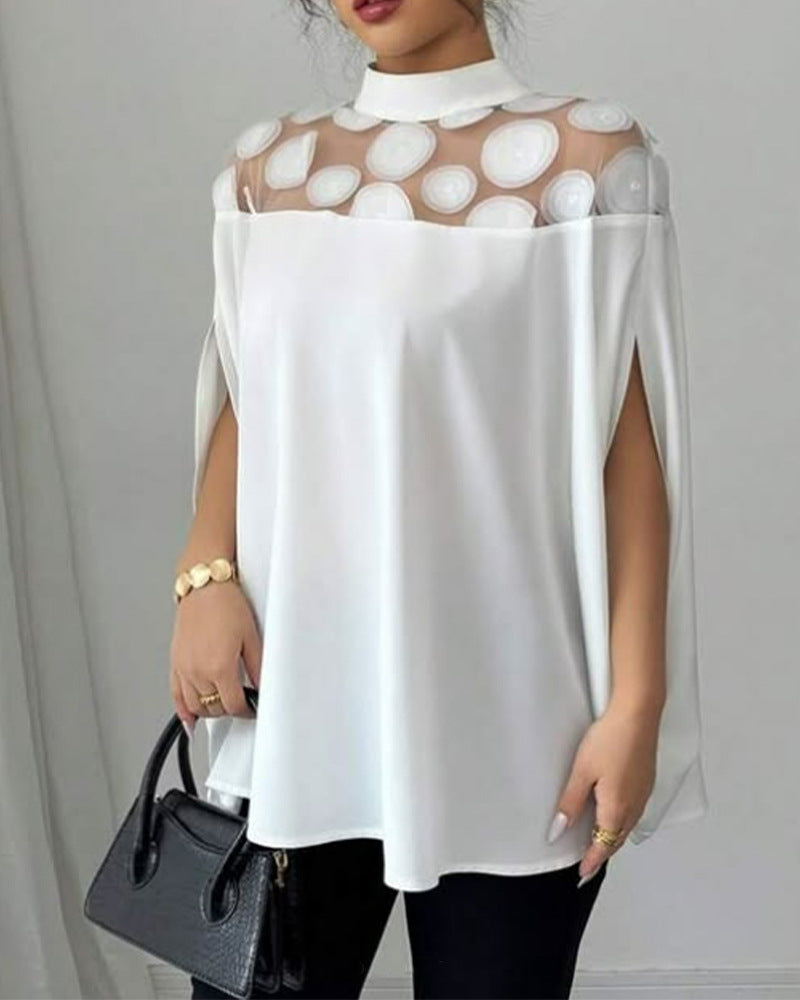 Damen nan elegante Tunika-Bluse mit Stehkragen, transparenter Rund-Applikationspasse und Cape-Ärmeln Echo Archiv