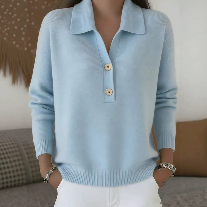 Damen lässiger Feinstrickpullover mit Polokragen und Zwei-Knopf-Leiste Echoarchiv