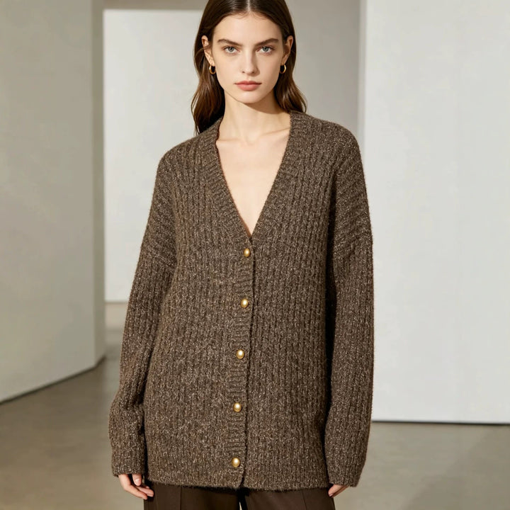 Damen Grobgestrickter Rippencardigan mit goldfarbenen Knöpfen und V-Ausschnitt Echoarchiv