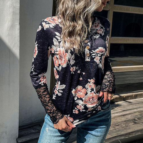 Damen Henley-Top mit Rosenprint, Spitzenmanschetten und Zierknopfleiste Echoarchiv
