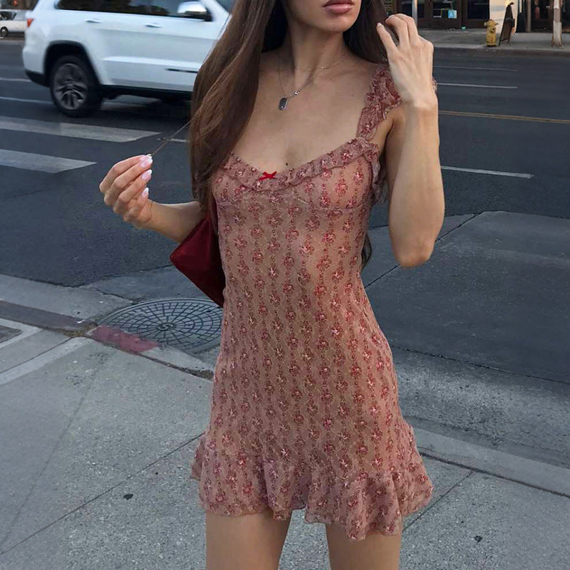 Damen Transparente Spitzenkleid mit Rüschen und floralem Muster Echo Archiv