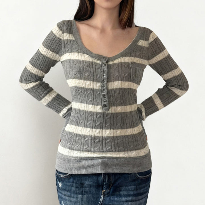 Damen Gestreifter Feinstrick-Pullover mit Zopfmuster und Knopfleiste Echo Archiv