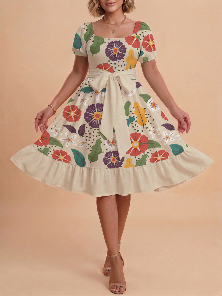 Damen Midi Kleid mit elegantem Blumendruck und tailliertem Gürtel Echo Archiv