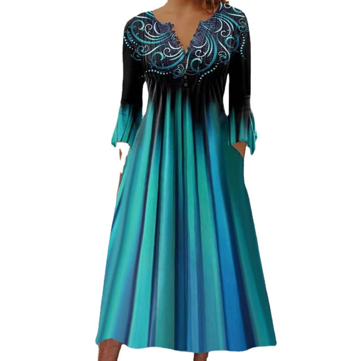 Damen nan fließendes Maxikleid mit verziertem V-Ausschnitt, Unterbrustnaht, ausgestelltem Rock und Eingrifftaschen Echo Archiv