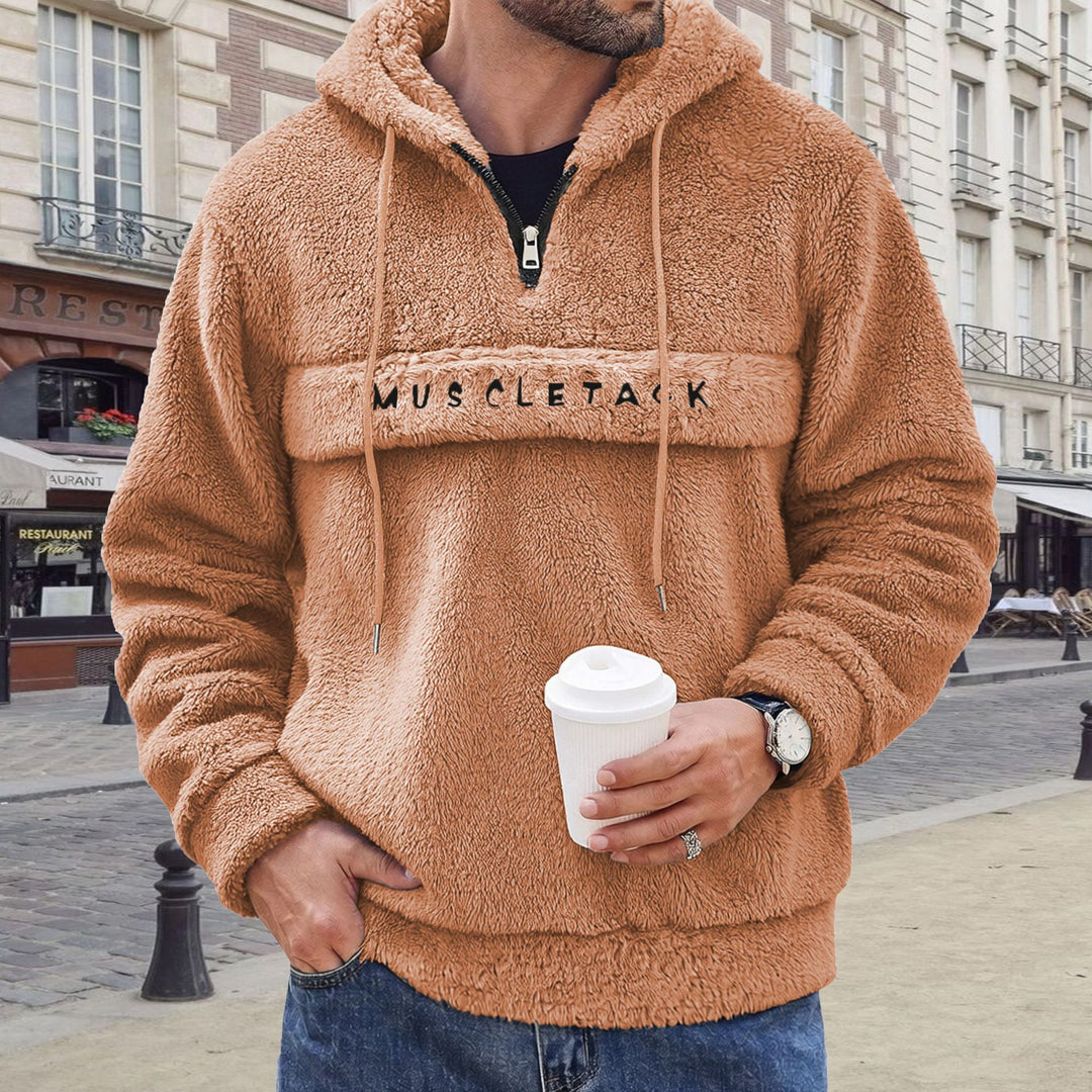 Herren Teddy-Fleece Kapuzenpullover mit halbem Reißverschluss, Kängurutasche und weichem Innenfutter – Cavarno