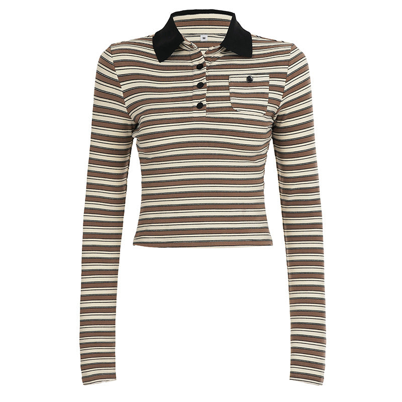 Damen nan gestreiftes Polo-Crop-Longsleeve mit kontrastkragen und Brusttasche Echo Archiv
