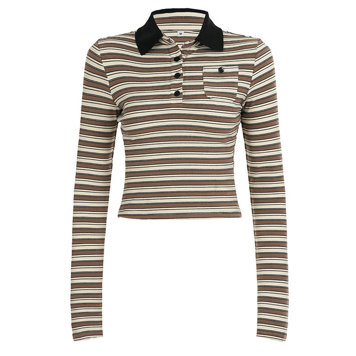 Damen nan gestreiftes Polo-Crop-Longsleeve mit kontrastkragen und Brusttasche Echo Archiv