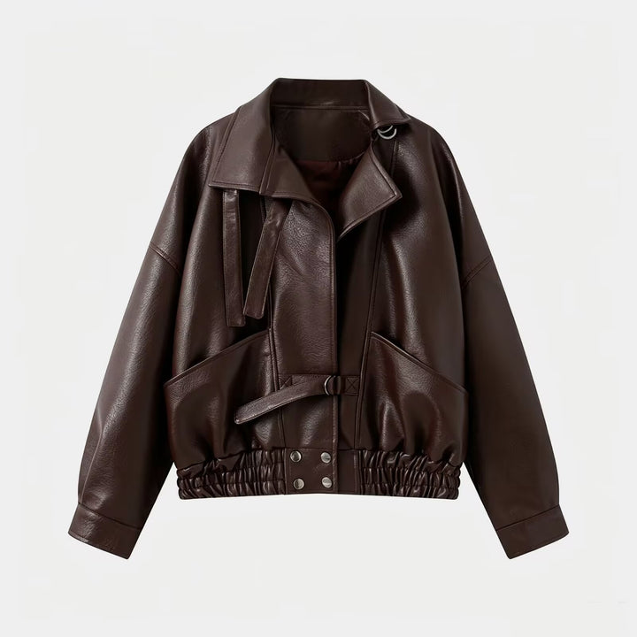 Damen Oversize Lederimitat-Bomberjacke mit elastischem Saum und Taillengürtel Echo Archiv