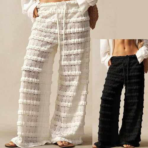 Damen Weite Spitzen-Hose mit Stufenvolants, Smokbund und Kordelzug – Avélisse
