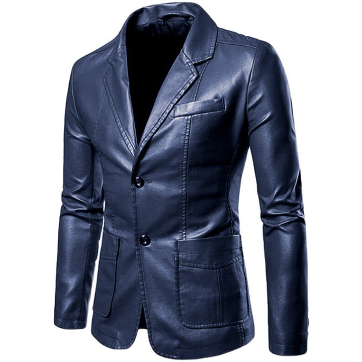 Herren Figurbetonter Lederoptik-Blazer mit Hemdkragen und Zwei-Knopf-Front – Tianoro
