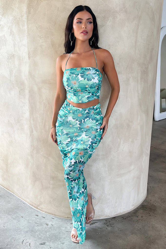 Damen Elegantes Crop-Top und Maxirock-Set mit floralem Design Echo Archiv