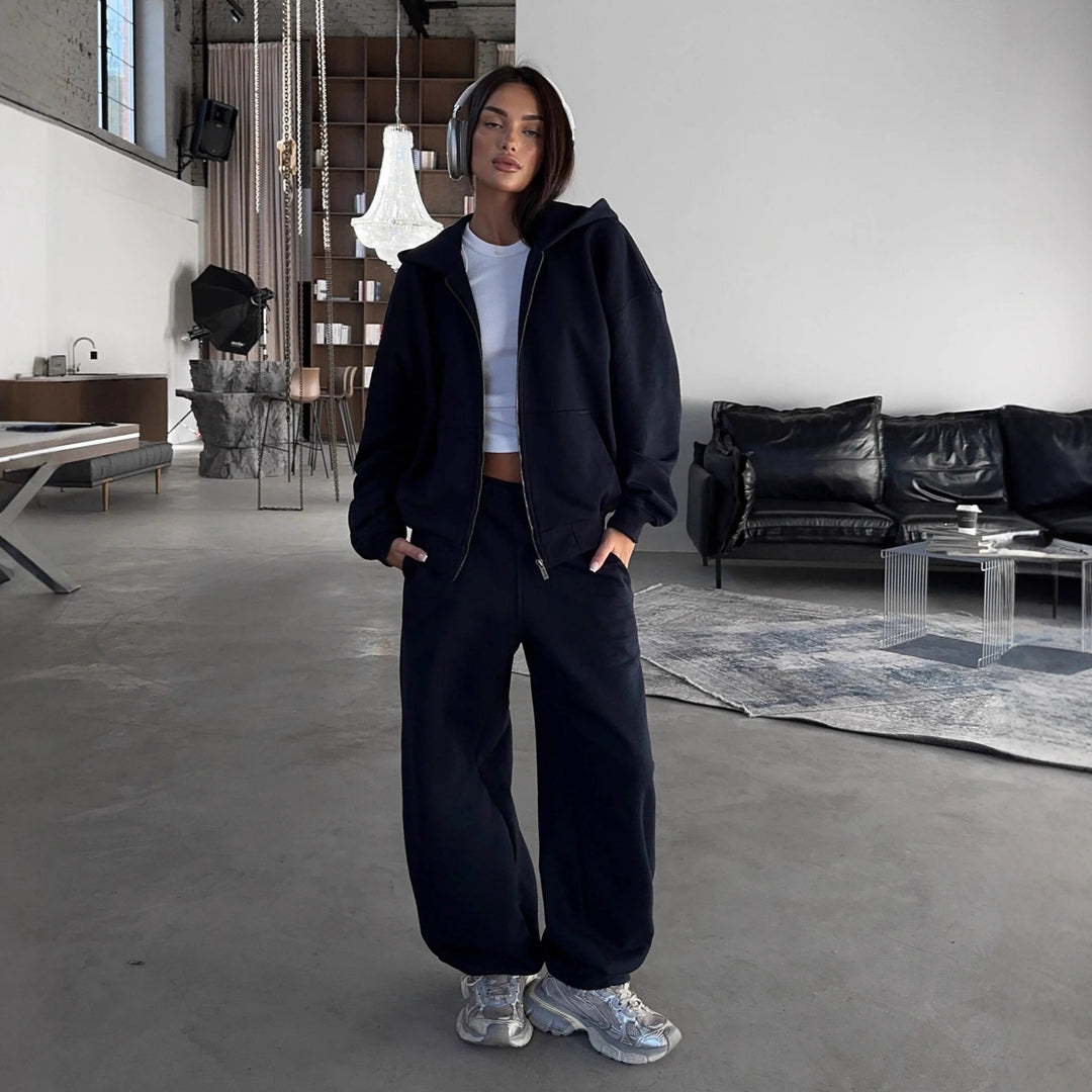 Damen lässiges Zip-Lounge-Set mit übergroßer Kapuzenjacke und taillierter Relax-Jogginghose – Auréline
