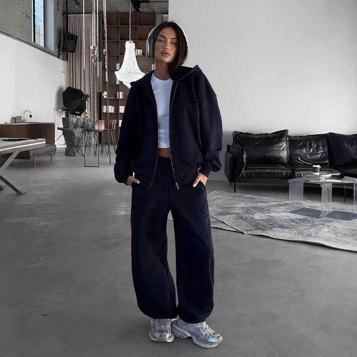 Damen lässiges Zip-Lounge-Set mit übergroßer Kapuzenjacke und taillierter Relax-Jogginghose – Auréline