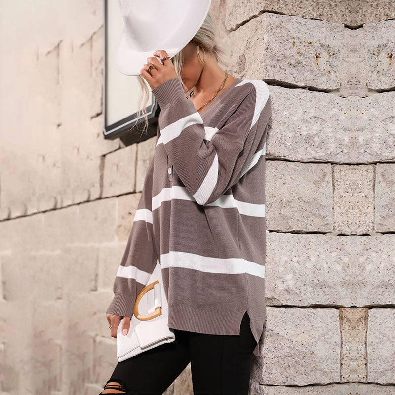 Damen Oversize V-Ausschnitt Strickpullover mit Knopfleiste und Blockstreifen Echoarchiv
