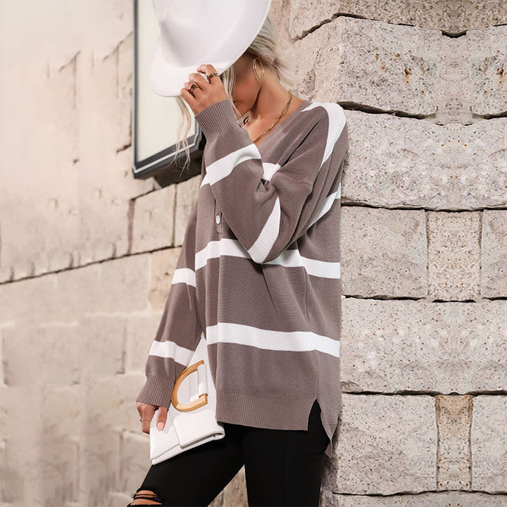 Damen Oversize V-Ausschnitt Strickpullover mit Knopfleiste und Blockstreifen Echoarchiv