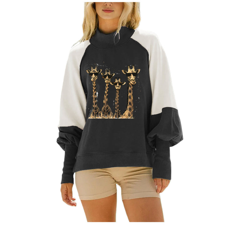 Damen lässiges Oversize Sweatshirt mit hohem Rollkragen, Raglanärmeln und Giraffen-Print – Avérine
