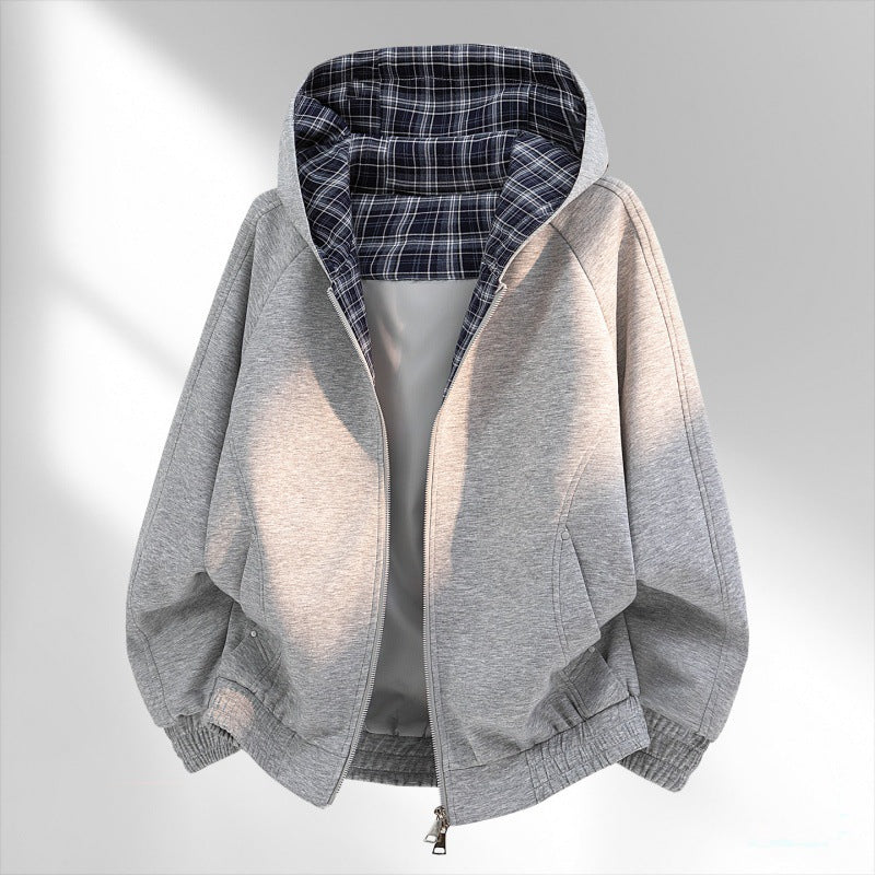 Damen Freizeit Sweat Bomber mit gestepptem Karostofffutter in der Kapuze und elastischem Saum – Célinea