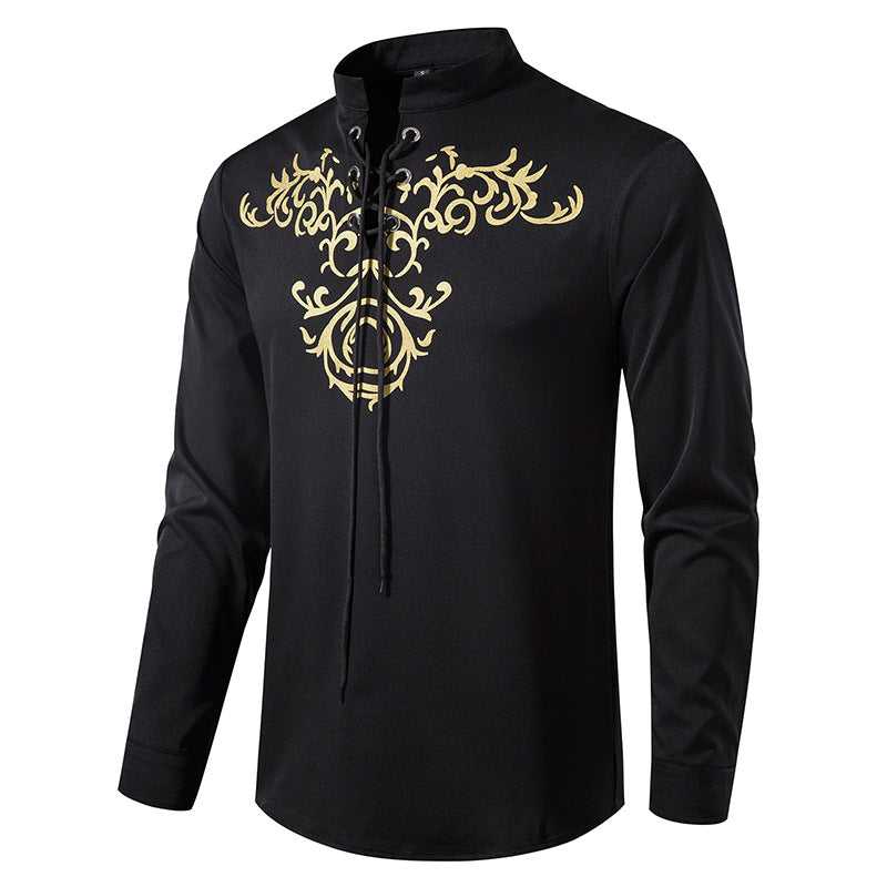 Herren Langarmshirt im asiatischen Stil mit kunstvollem Schnürungsdesign und modernen Akzenten Echoarchiv