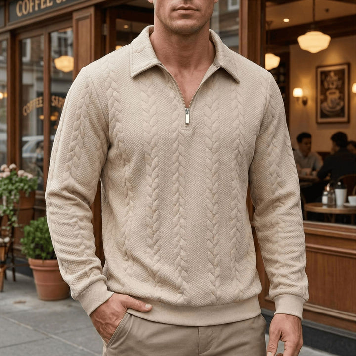 Herren strukturierter Halbzip-Pullover mit Troyerkragen, feinem Zopfmuster und elastischen Bündchen – Norvane