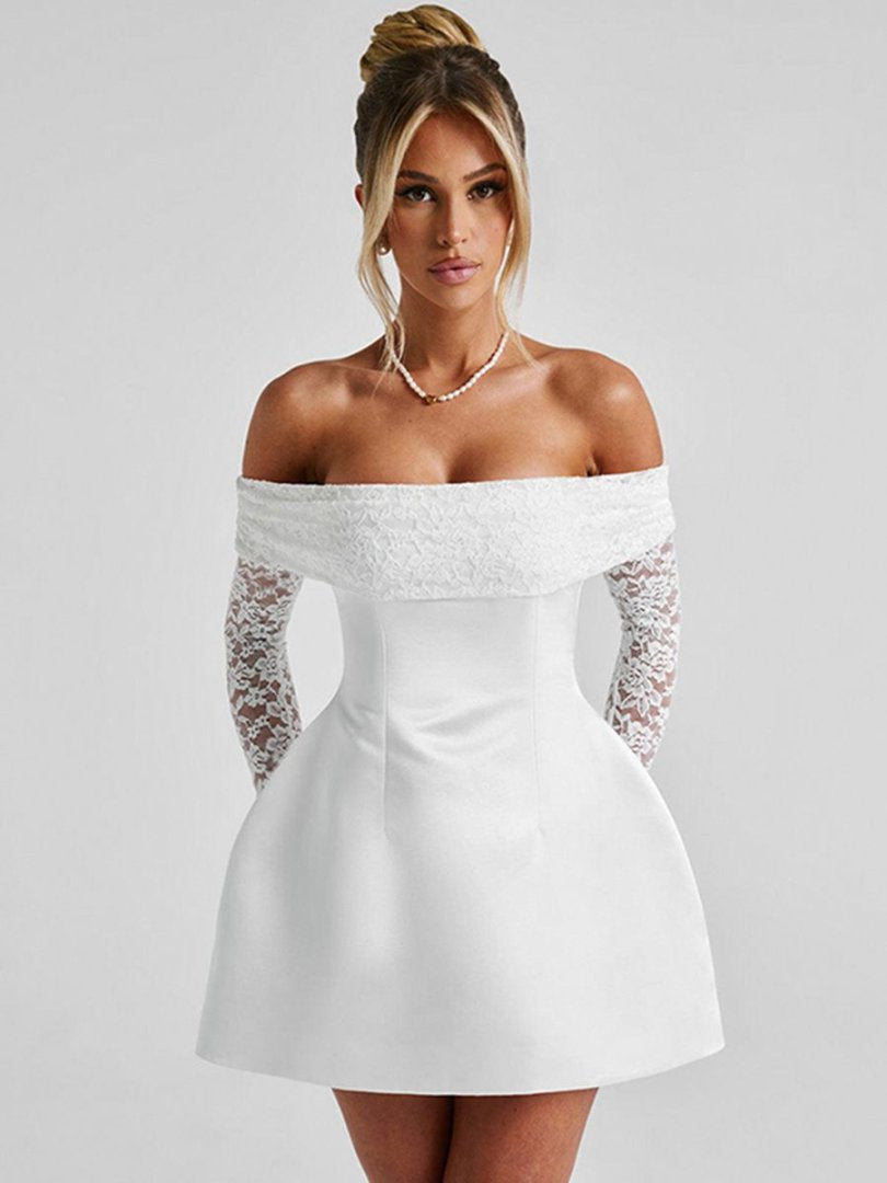 Damen Elegantes Off-Shoulder Minikleid mit Spitzenärmeln und tailliertem Schnitt Echo Archiv