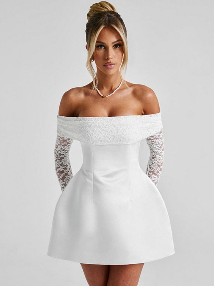 Damen Elegantes Off-Shoulder Minikleid mit Spitzenärmeln und tailliertem Schnitt Echo Archiv